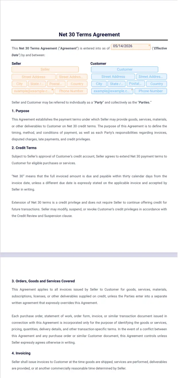 Net 30 Terms Agreement Template