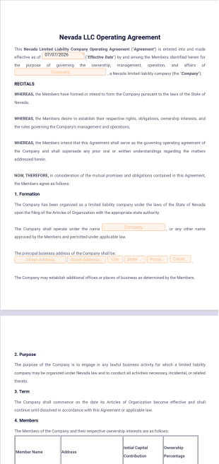 Nevada LLC Operating Agreement Template - PDF Templates