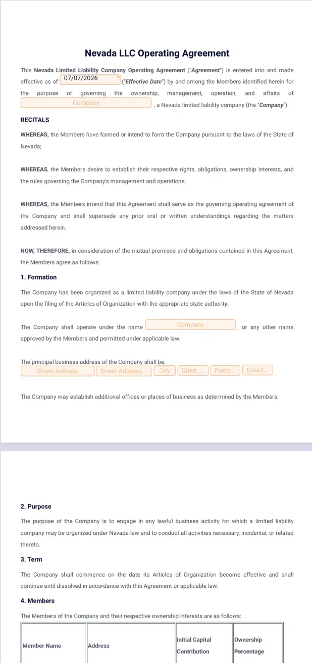 Nevada LLC Operating Agreement Template