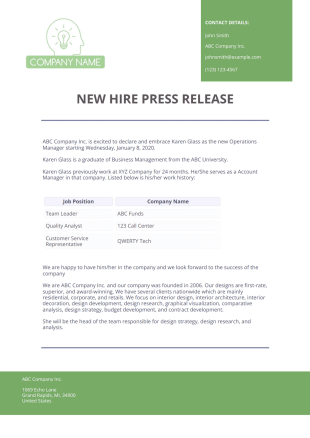 New Hire Press Release Template - PDF Templates
