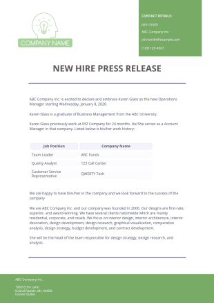 New Hire Press Release Template - PDF Templates