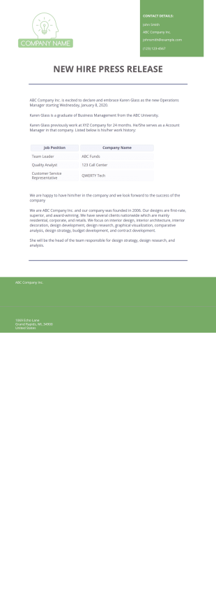 New Hire Press Release Template - PDF Templates