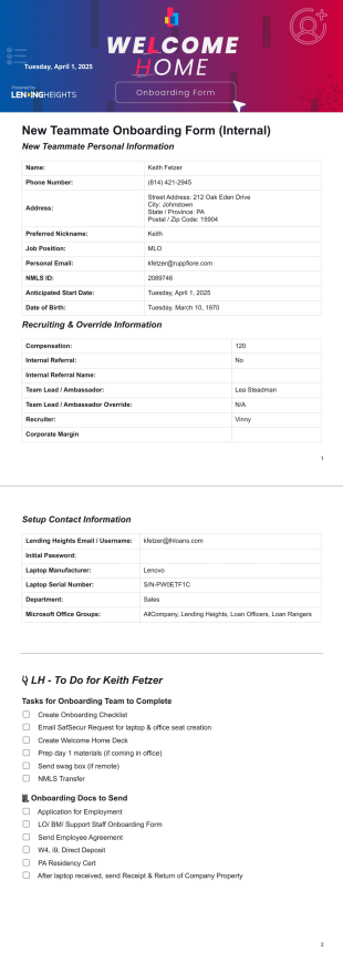 New Teammate Onboarding Form - PDF Templates