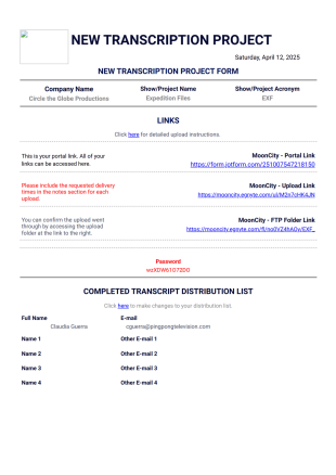 New Transcription Project Form PDF Template