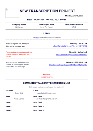 New Transcription Project Form PDF Template