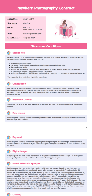 Newborn Photography Contract Template - PDF Templates