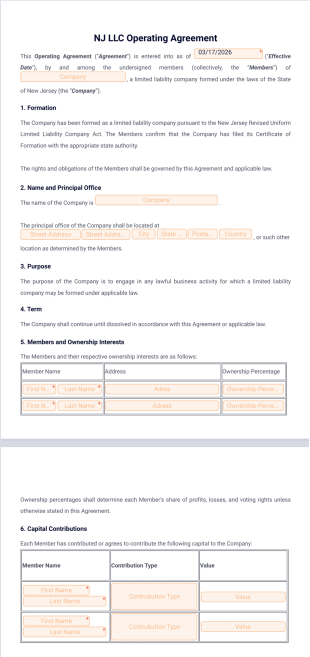 NJ LLC Operating Agreement Template - PDF Templates