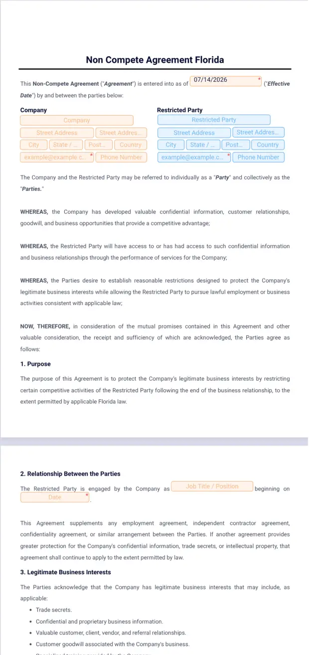 Non Compete Agreement Template Florida