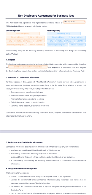 Non Disclosure Agreement for Business Idea Template - PDF Templates