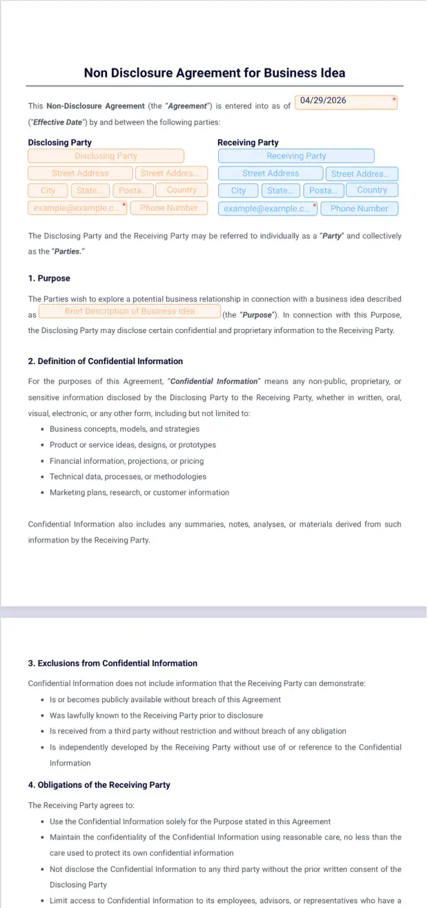 Non Disclosure Agreement for Business Idea Template