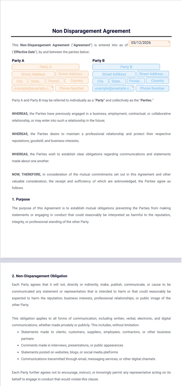 Non Disparagement Agreement Template