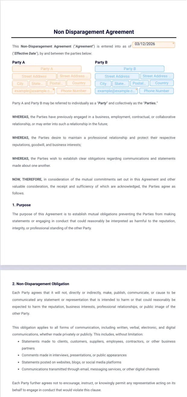 Non Disparagement Agreement Template PDF Templates Jotform