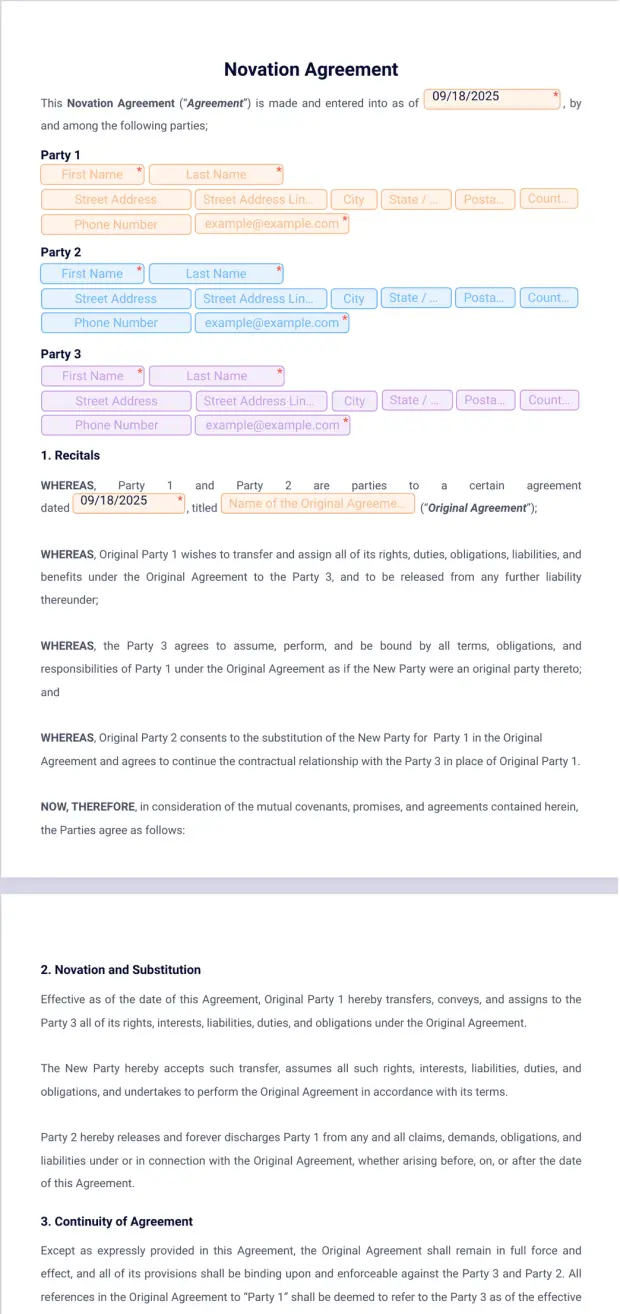 Novation Agreement Template