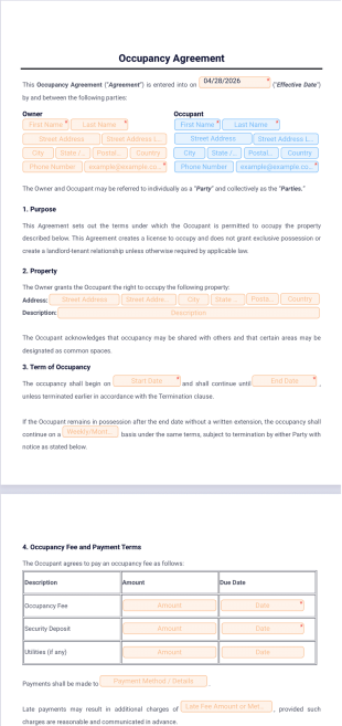Occupancy Agreement Template - PDF Templates