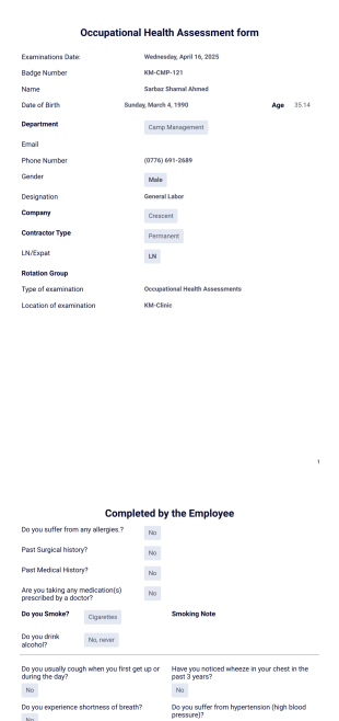 Occupational Health form PDF Template