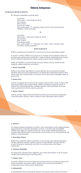 Ödeme Anlaşması Şablonu - PDF Templates