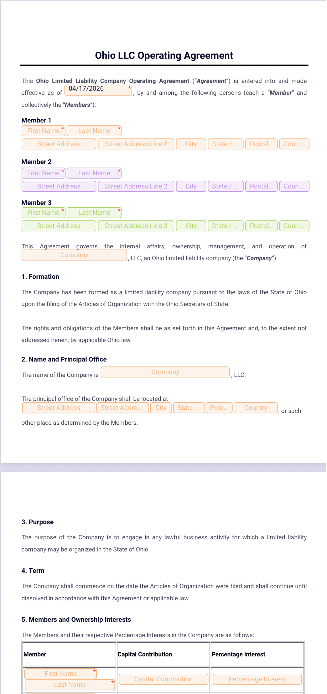 Operational Agreement.pdf Ohio LLC Operating Agreement Template - PDF Templates | Jotform