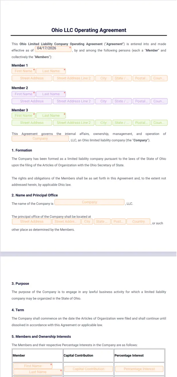 Ohio LLC Operating Agreement Template PDF Templates Jotform