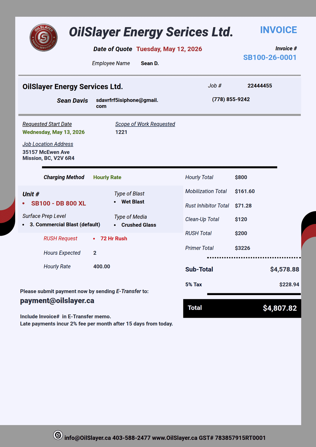 Oilslayer sandblast invoice PDF Template | Jotform