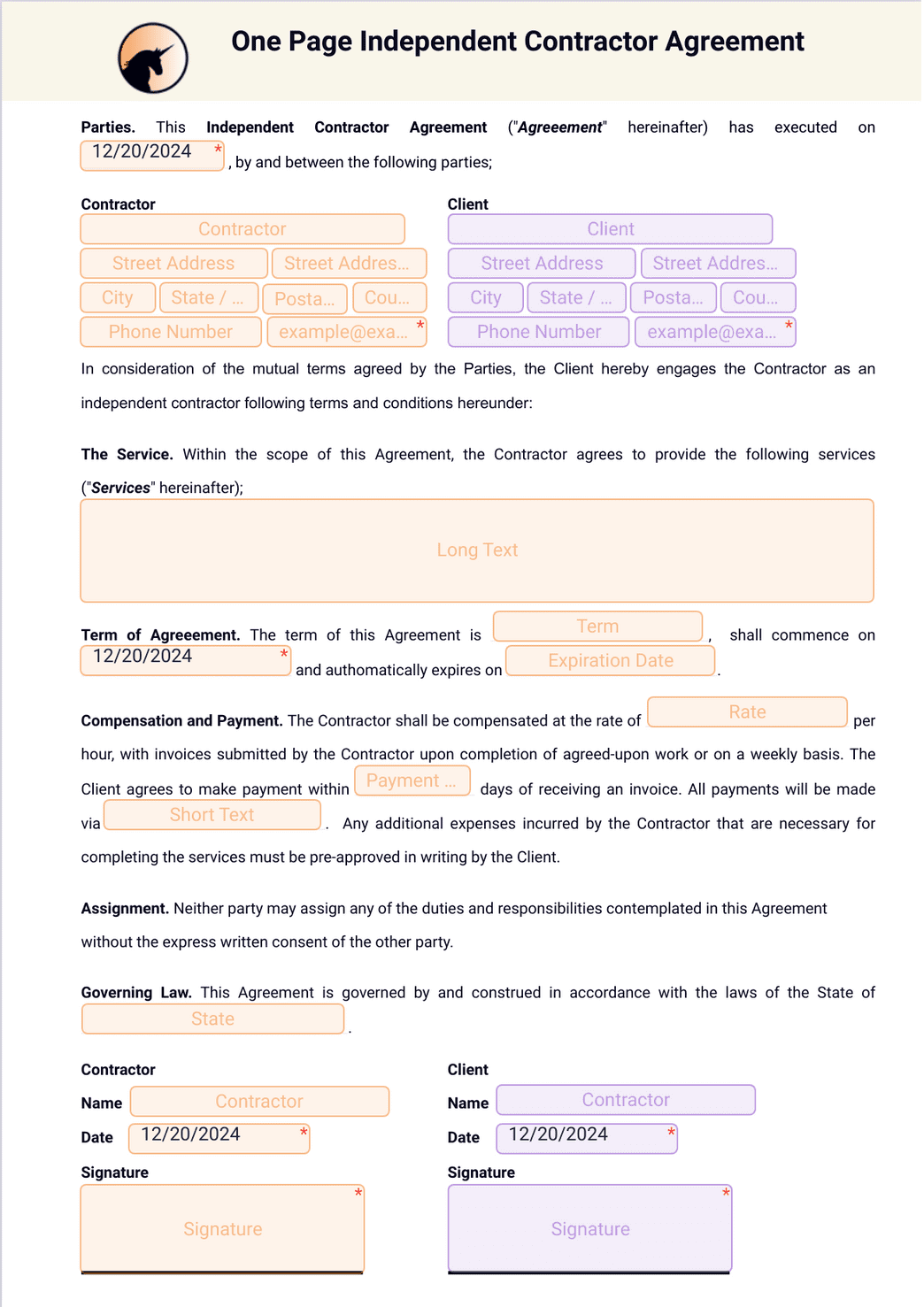 One Page Independent Contractor Agreement PDF Template Jotform