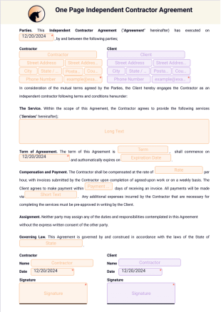 One Page Independent Contractor Agreement PDF Template