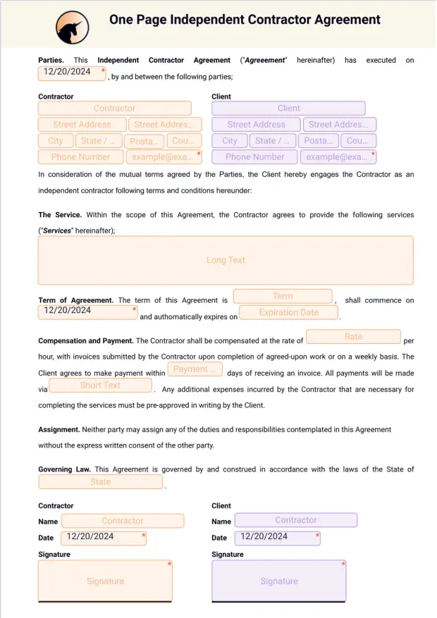 One Page Independent Contractor Agreement PDF Template Jotform
