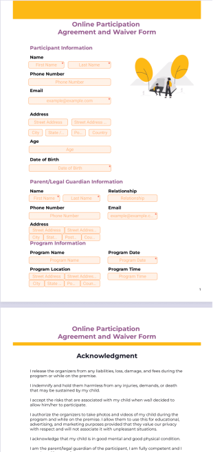 Online Participation Agreement and Waiver Form PDF Template
