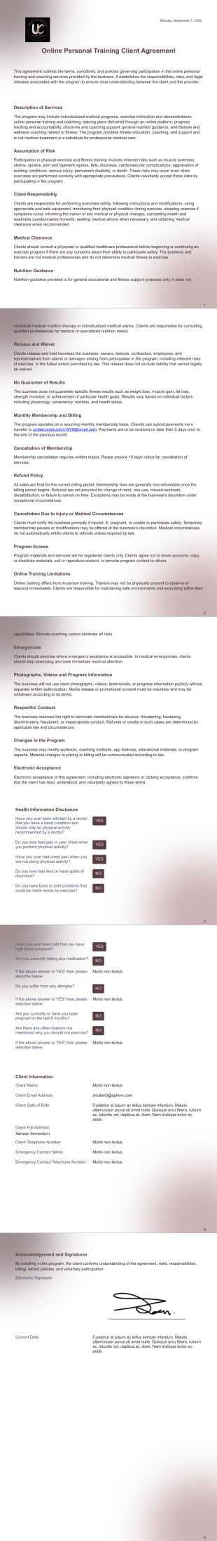 Online Personal Training Agreement PDF Template