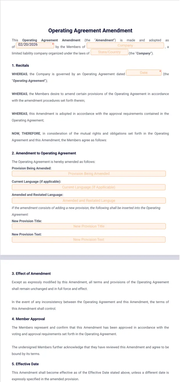 Operating Agreement Amendment Template
