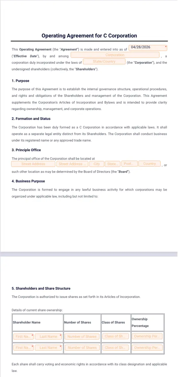 Operating Agreement for C Corporation Template