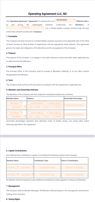 Operating Agreement LLC NC Template - PDF Templates