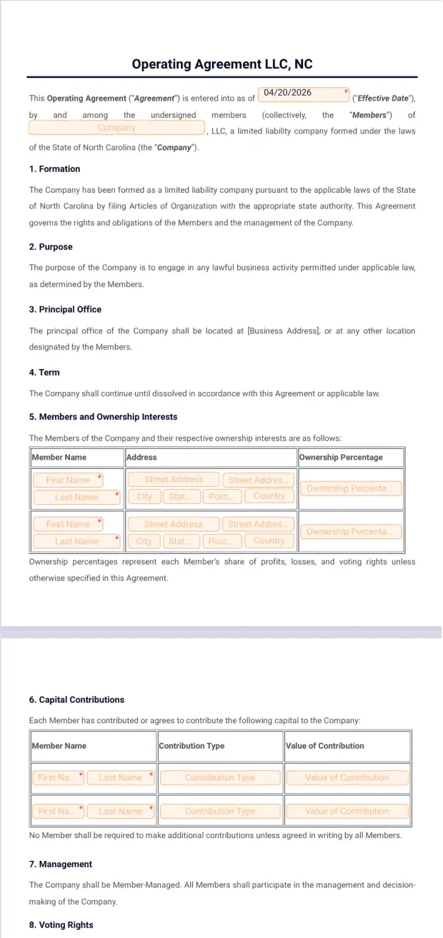 Operating Agreement LLC NC Template