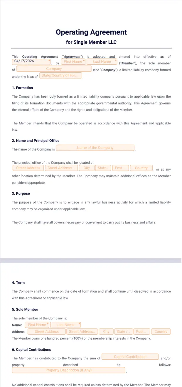 Operating Agreement Template for Single Member LLC PDF Templates