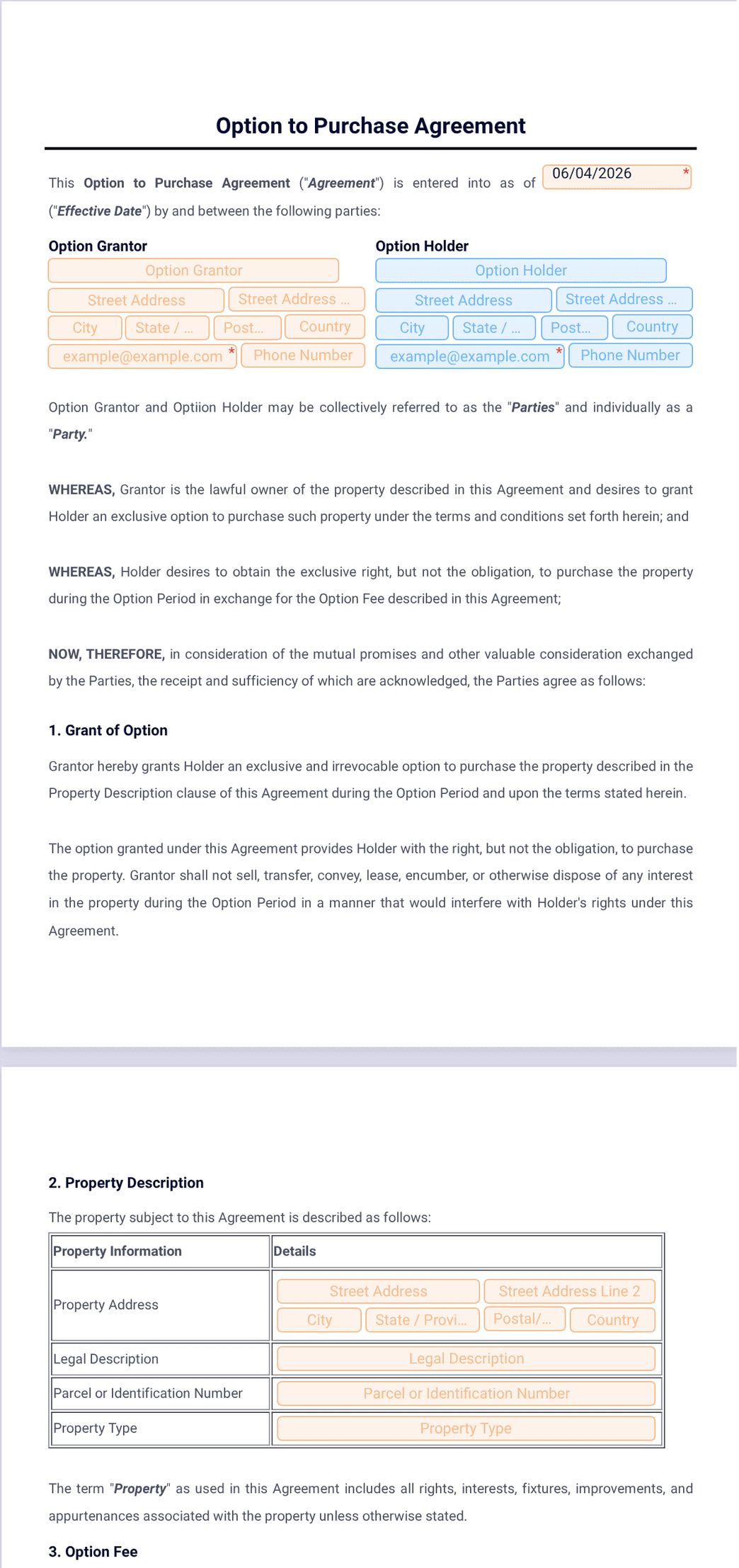 Option to Purchase Agreement Template - PDF Templates | Jotform