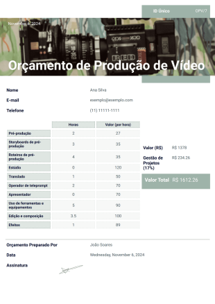 Orçamento de Produção de Vídeo - PDF Templates