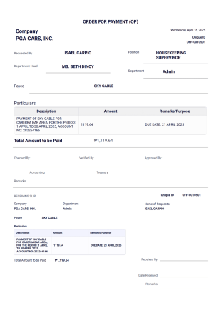Order for Payment PDF Template
