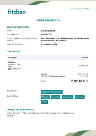Order Form Submission PDF Template
