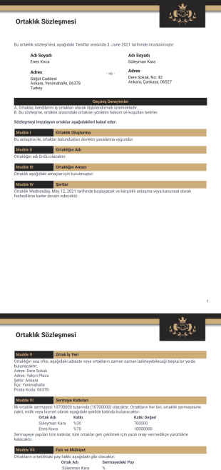 Ortaklık Anlaşması Şablonu - PDF Templates