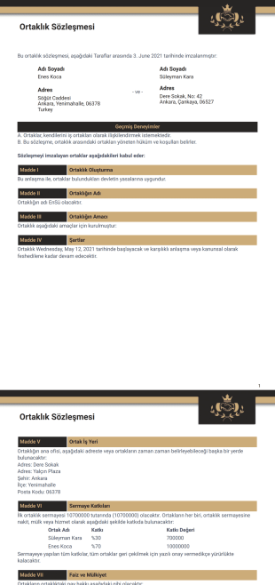 Ortaklık Anlaşması Şablonu - PDF Şablonları