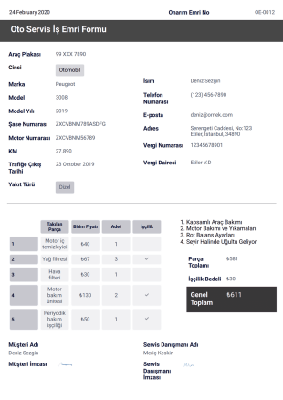 Oto Servis İş Emri Formu Örneği - PDF Templates