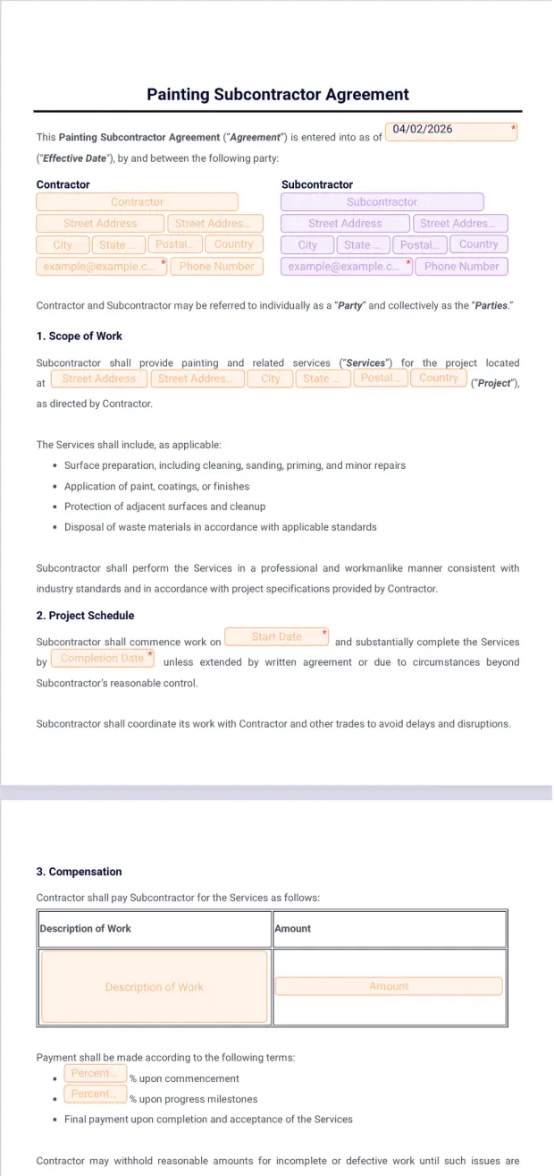 Painting Subcontractor Agreement Template