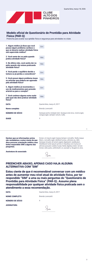 PARQ Clube alto dos pinheiros Modelo de PDF