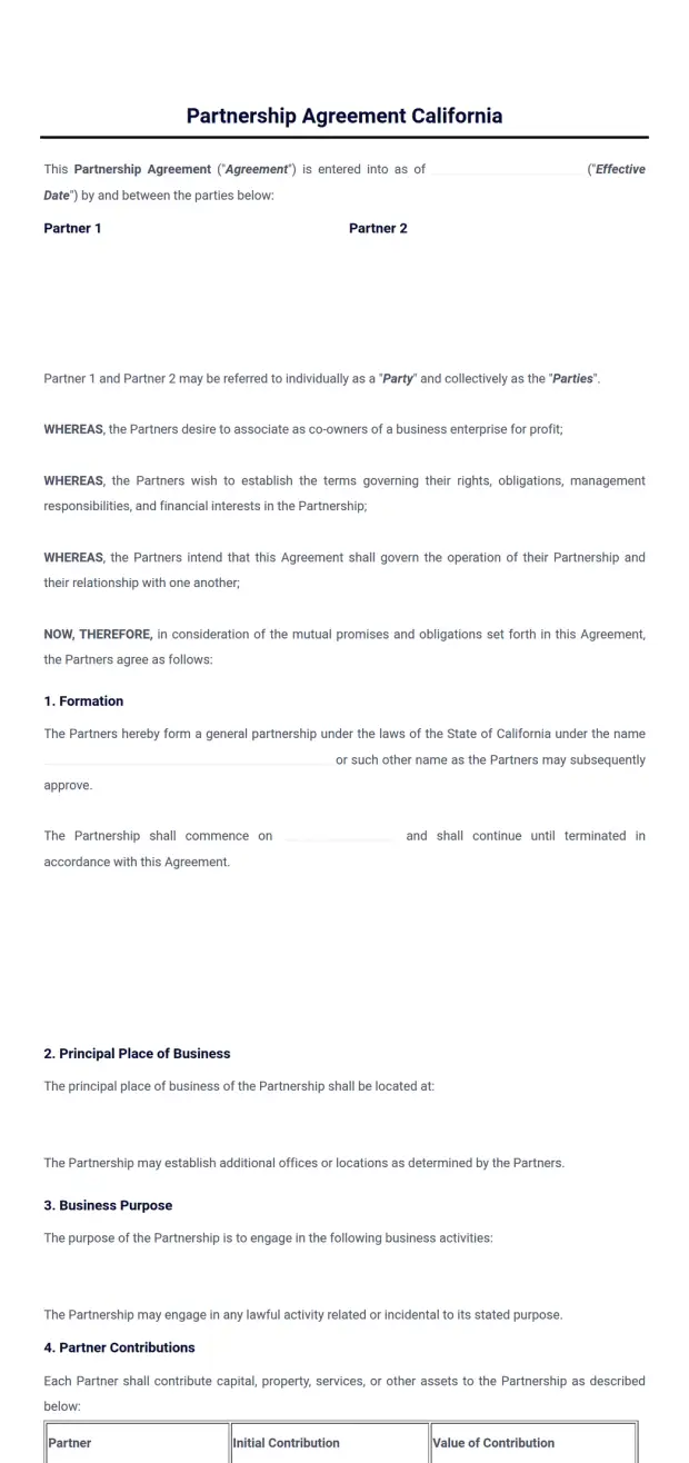 Partnership Agreement Template California