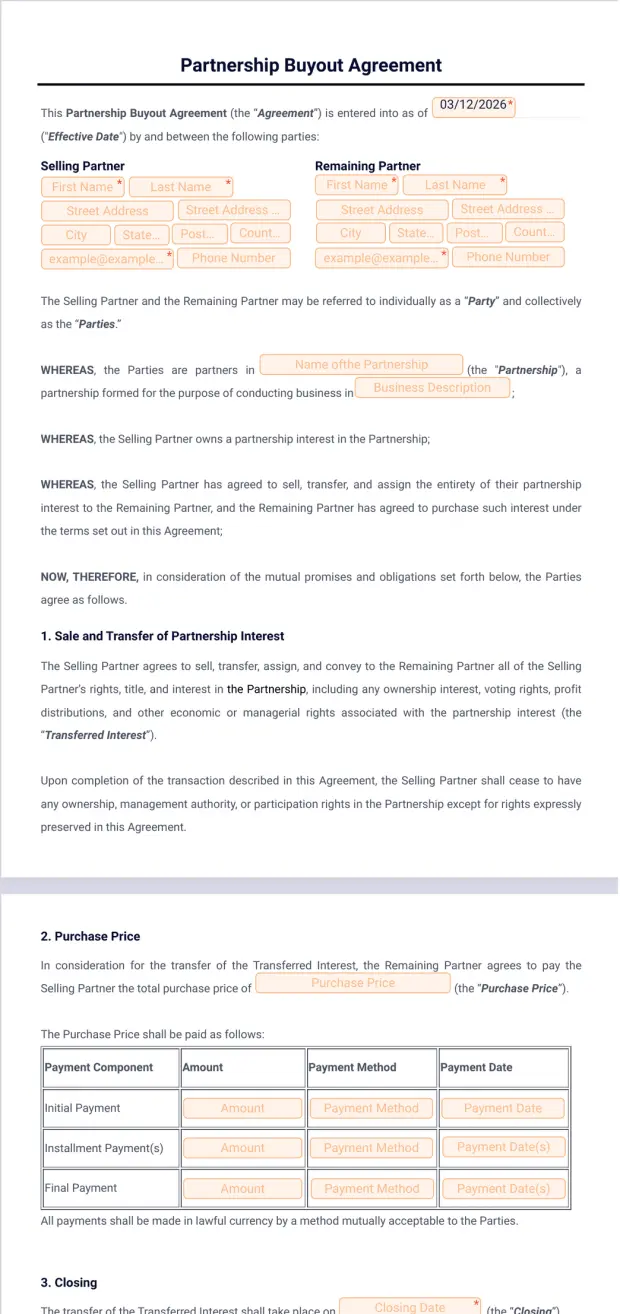 Partnership Buyout Agreement Template