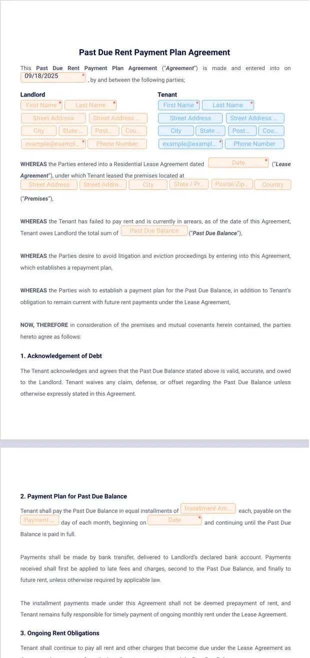 Past Due Rent Payment Plan Agreement Template
