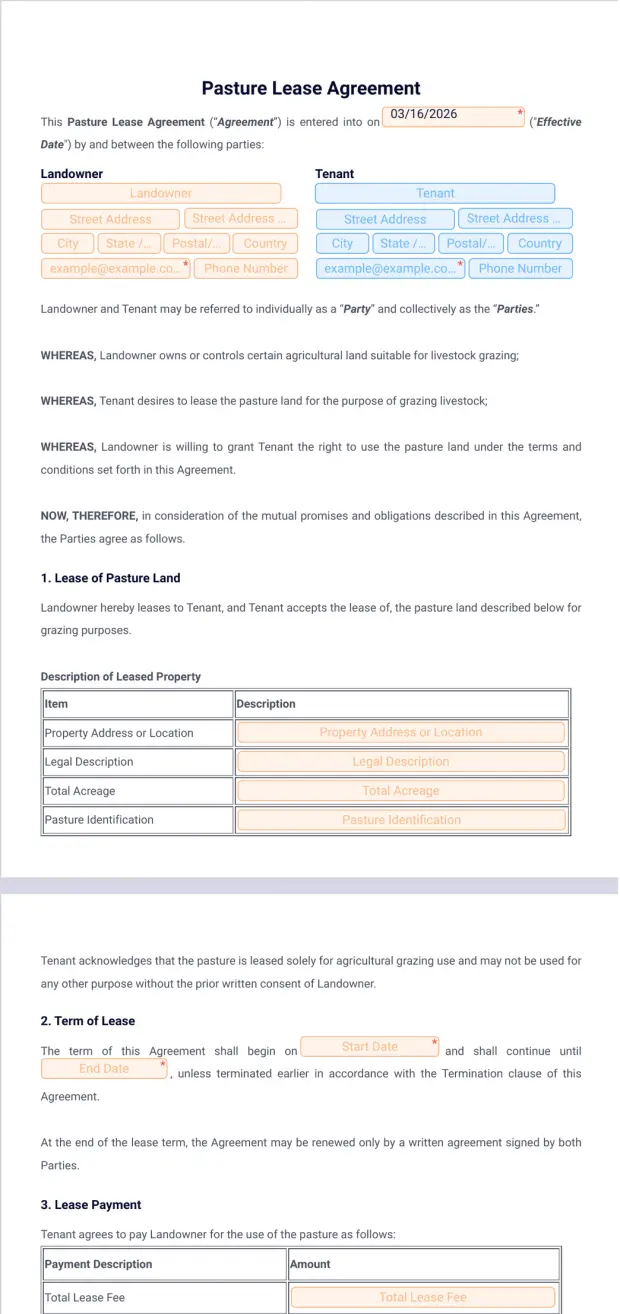Pasture Lease Agreement Template