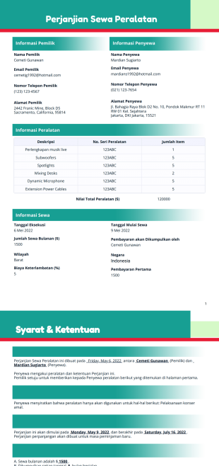 Perjanjian Sewa Peralatan Template PDF