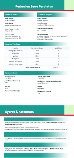 Perjanjian Sewa Peralatan Template PDF