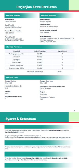 Perjanjian Sewa Peralatan Template PDF