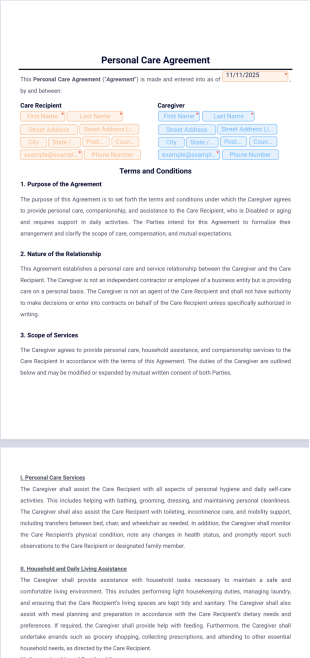 Personal Care Agreement Template - PDF Templates